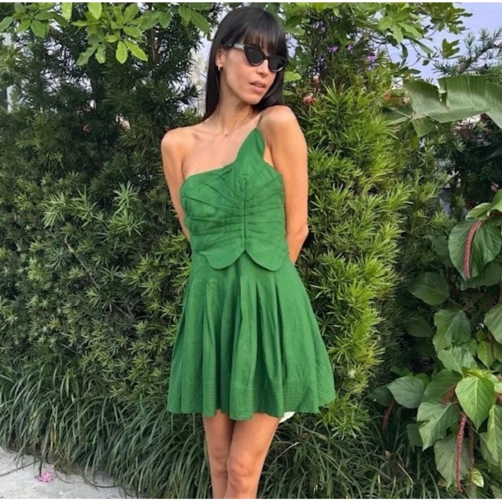 Farm Rio Lea Leaf Mini Dress One Shoulder Linen Blend Green Small - Picture 2 of 9